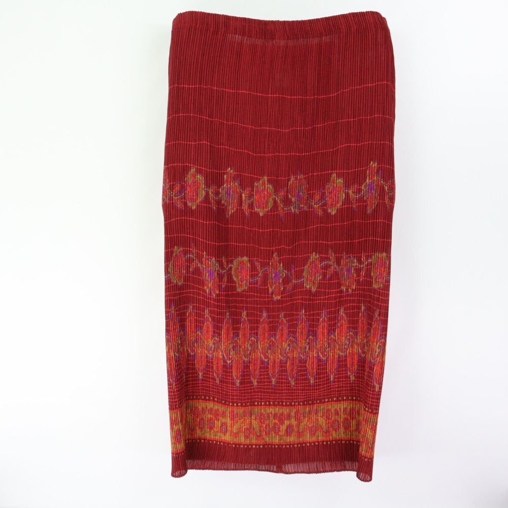 Maggie McNaughton Long Skirt Womens L Red Fluted Floral Stretch Waist Pull-On